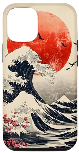 Japanische Welle, rote Sonnenlandschaft Hülle für iPhone 12/12 Pro