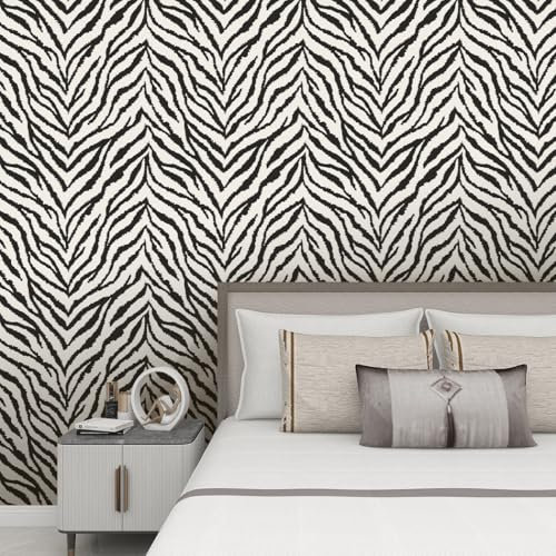 Wallpaper Black Beige Zebra Peel and Stick Wallpaper Self Adhesive Wallpaper Removable Wallpaper for Bedroom Wall Cabinets Decor Worktop Vinyl Covering Sticky Back Wallpaper 1P (45x200cm)