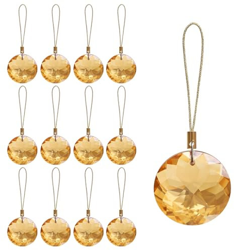 LUMITI 12 Pcs Crystal Glass Christmas Balls Ornaments, 1.18″ Mini Round Prism Flower Xmas Tree Decorations, Hanging Ornament for Wedding Party Home Decor (Gold)