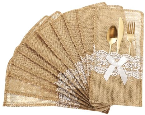 sourcing map Lot de 12 porte-ustensiles en toile de jute et dentelle, 10,2 x 20,3 cm, pochette à couverts en toile de jute naturelle avec nœud en soie pour décoration de fête, mariage