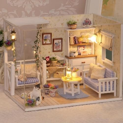 Yolispa DIY Miniatur Haus Puppenhaus Holz Puppenhaus Handmade Miniatur Kit, DIY Mini Holz Haus Modell Set mit Möbeln mit LED, Puppenhaus Lernspielzeug Kinder Geburtstag