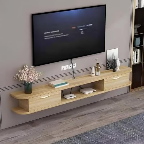 Armario flotante para TV con cajones y agujero para enrutador, armario de almacenamiento montado en la pared para sala de estar, consola multimedia de entretenimiento con parte trasera hueca
