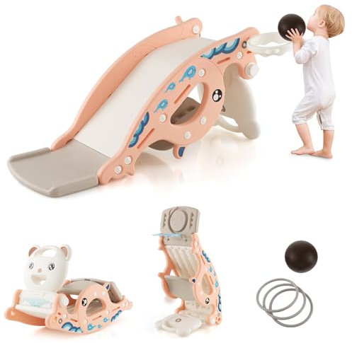 HOMASIS 4-in-1 Toboggan d'intérieur pour Enfants, Cheval à Bascule, Panier de Basket et Anneaux, Aire de Jeux avec Basket et 3 Anneaux, capacité de Charge 50 kg pour Enfant 3 +(Rose)