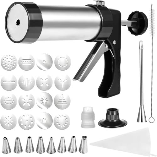 Churro Maker Machine Kit - Stainless Steel Churro Gun with 8 Piping Nozzles, 16 Discs, 1 Brush & Piping Bag, Multifunctional Cookie Press for Homemade Churros, Donuts, and Pastries