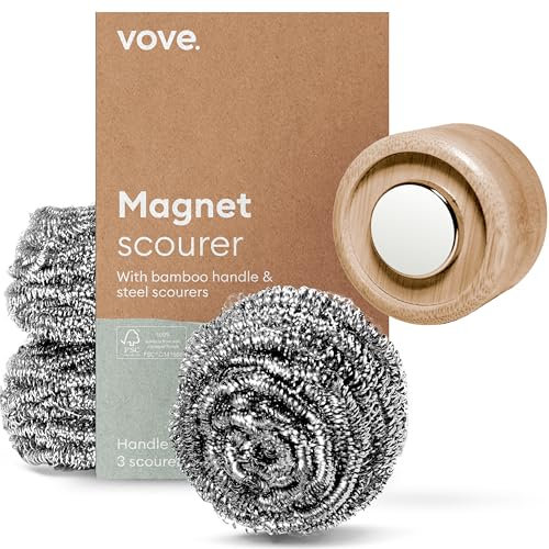 Vove Magnetic Scourer, Stainless Steel Pads with FSC‑Certified Bamboo Handle, 3 Spare Pads, Neodymium Magnet, for Cast Iron, Pots & Pans, Grills, Plastic‑Free, Eco‑Friendly Washing‑Up