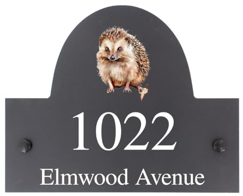 Personalisierbares Schild mit Igel-Motiv, Schiefer, Hausname oder Nummer, 25 x 20 cm