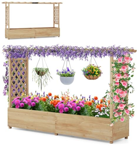 HOMASIS Blumenkasten mit 2 Rankgitter & Dachregal, Hochbeet mit Spalier, Pflanzkasten Pflanzgefäß Holz, Pflanzkübel für Blumen & Kletterpflanz, Rankhilfe Garten Balkon Terrasse (200x44x114cm, Natur)