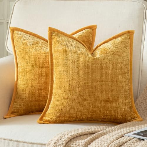 Yaertun 2er Set Kissenbezug Gelb 50x50cm Chenille Kissenbezüge Kissenhülle Dekokissenbezug sofakissen dekokissen deko Samtrückseite für Sofa Schlafzimmer Wohnzimmer Weiche Gemütliche