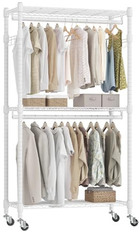 Himimi Clothes Rail with Shelves, 3-Tier Adjustable Shelves & Double Hanging Rods, Heavy Duty Clothing Rail Clothes Rack on Wheels, Free Standing Open Wardrobe for Bedroom Coat, 60Wx42Dx205H cm, White