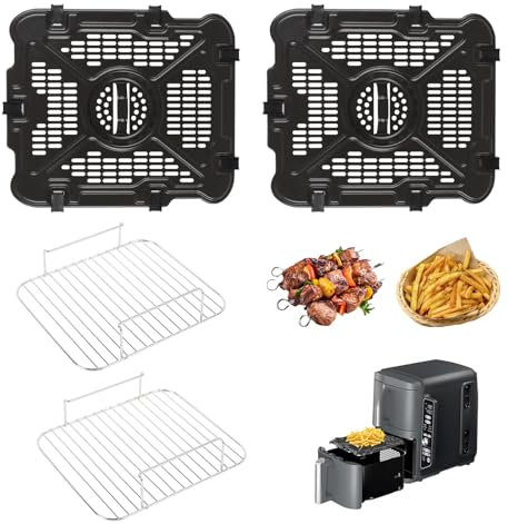 Yallmie 2 PCS Air Fryer Tray Replacement for Ninja SL401, Air Fryer Crisper Plate with 2 Stainless Steel Grill Air Fryer Grill Pan, Air Fryer Drawer Replacement with 8 Rubber Bumper, Dishwasher Safe