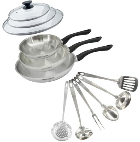 Fackelmann 9445950 Set 3 poêles 20 24 et 28 cm en inox 18/8, 2 Couvercles verre et 6 ustensiles inox, Poêle tous feux, Poêle induction, Poêle sans PFAS, Acier inoxydable 18/8, Verre, 20 24 et 28 cm