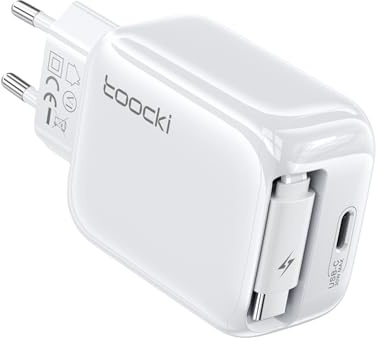 toocki Cargador Pared 30W 2 en 1, Cable Retráctil 68cm para iPhone/Android | 2 Puertos Cargador USB C, Enchufe de Viaje/Oficina, Compatible iPad/Galaxy/Pixel, Carga Segura, Diseño Compacto, Blanco