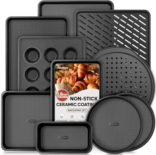 Fire More Set di 10 stampi da forno antiaderenti, spessore 0,8 mm, con teglia, griglia di raffreddamento, stampo per muffin, stampo rotondo e quadrato, teglia per pizza, impilabile e salvaspazio
