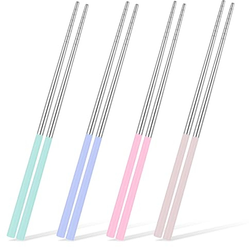 4 Pairs Metal Chopsticks, Chopsticks Reusable, 304 Stainless Steel Chopstick, 9 Inch Colorful, Non-Slip, Dishwasher Safe, for Home Kitchen Restaurant Use