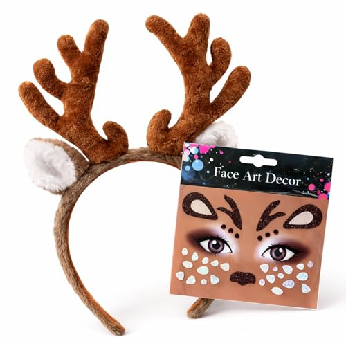 GONNCZ Karneval Reh Kostüm Set – Plüsch Haarreif mit Geweih & Ohren + Face Sticker Set, schneller Reh-Look, Fasching Party Zubehör, Unisex