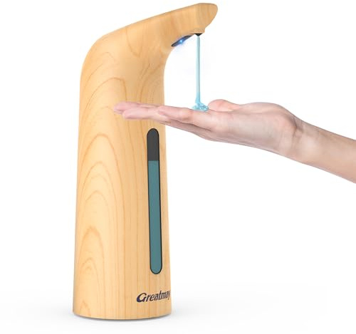 Greatmay Dispenser di sapone automatico con 4 livelli regolabili, dispenser di sapone liquido elettrico da 400 ml, impermeabile IPX6, disinfettante a batteria per bagno, cucina (venature del legno
