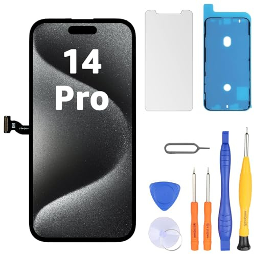 LL TRADER Display für iPhone 14 Pro 6.1 LCD Ersatzbildschirm und Kits | Retina FHD 3D Touch Digitizer Rahmenmontage mit Wasserfestem Klebeband und Displayschutzfolie (True Tone Programmierbar)