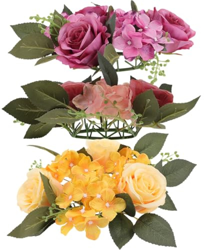 Hochzeitskerzenring 3stücke Kunststoff Stoff Tischdeko | Kerzenkranz mit Rosenoptik, 20x20x8cm, für Vasen und Kerzenhalter, Festliche Wanddeko
