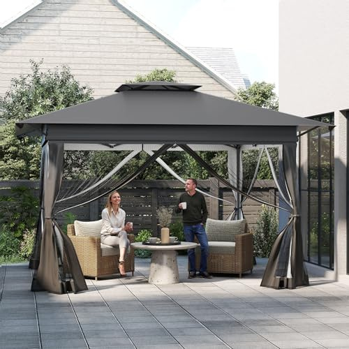 XMTECH 16 m² Pop-Up Gartenpavillon Anthrazit, Doppeldach, 4 Moskitonetze | UV-Schutz, 3-fach höhenverstellbar, faltbares Garten- und Partyzelt aus 210D Oxford-Gewebe, inkl. Tragetasche