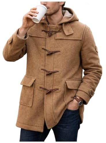 HiFacon Mens Camel Wool Duffle Coat with Hood - Classic Toggle Button Winter Parka Jacket