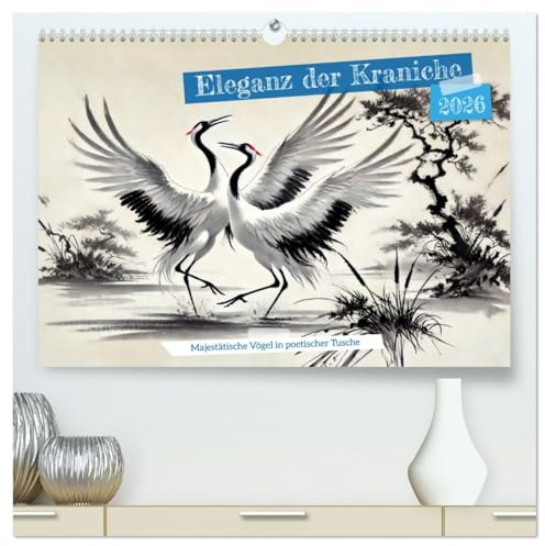 Eleganz der Kraniche - Majestätische Vögel in poetischer Tusche (hochwertiger Premium Wandkalender 2026 DIN A2 quer), Kunstdruck in Hochglanz: ... Tuschkunst mittels KI (CALVENDO Tiere)