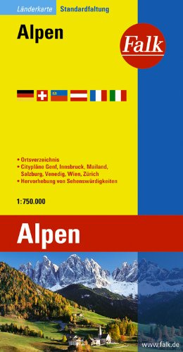 Falk Länderkarte Alpen 1:750 000: Ortsverzeichnis, Citypläne Genf, Innsbruck, Mailand, Salzburg, Venedig, Wien, Zürich. Hervorhebung von Sehenswürdigkeiten