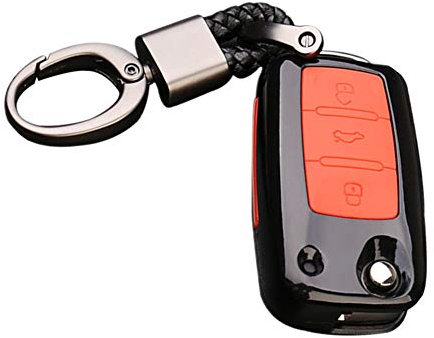 Happyit ABS Fiber De Carbone Shell + Silicone Housse Etui Clé De Voiture Porte-clés pour Volkswagen VW Bora Beetle Polo Tiguan Passat MK5 6 Jetta Eos Siège Sagitar Golf 6 (A Noir + rouge)