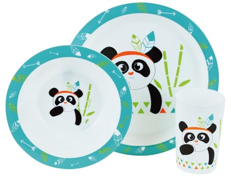 FUN HOUSE 005672 Indian Panda Ensemble Repas Micro-ondable Comprenant 1 Assiette, 1 Bol et 1 Verre pour Enfant