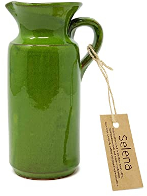 Verano Spanish Ceramics Selena Glaze Hand Dipped Decorative Tall Rustic Bottle Jug - New Home Decor Kitchen Restaurant Cafe Dining Table Vase Serving Cream Milk Water Juice Pourer - 18cm Dark Green
