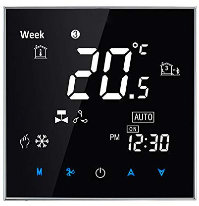 Qiumi Smart WiFi Thermostat, Temperaturregler Intelligente Klimaanlage, mit 2-Röhren-LCD-Bildschirm, Funktioniert mit Alexa Googlehome,Schwarz Panel 95~240V AC