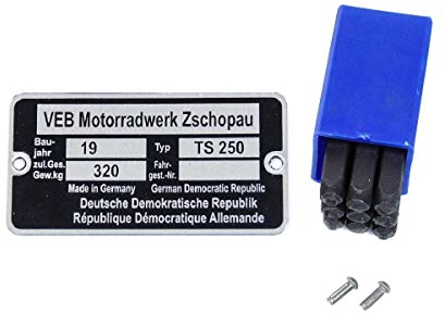 Typenschild für MZ TS 250 mit Schlagzahlen und Kerbnägeln