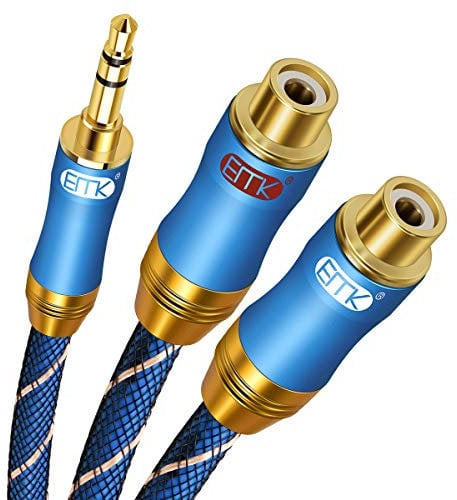 EMK Cable de audio estéreo de audio estéreo hembra a 2RCA (300 mm), chapado en oro para smartphone, MP3, tabletas, sistema estéreo HiFi, sonido de computadora (0,3M, Jack 3,5mm a 2RCA Hembra, Azul-1)