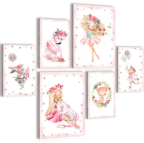 Novart Wandbilder Set Ballerina Rosa - KEIN EXTRA RAHMEN BENÖTIGT - Modern Deko - Kinderzimmer Mädchen N021063a