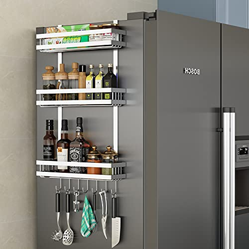 Klivien - Hängeregal Küchenregal für Kühlschrank Aufbewahrung von Gewürzen aus Metall ohne Bohren Multifunktion 3-lagiges mit Küchenreling und 7 Haken (silber)