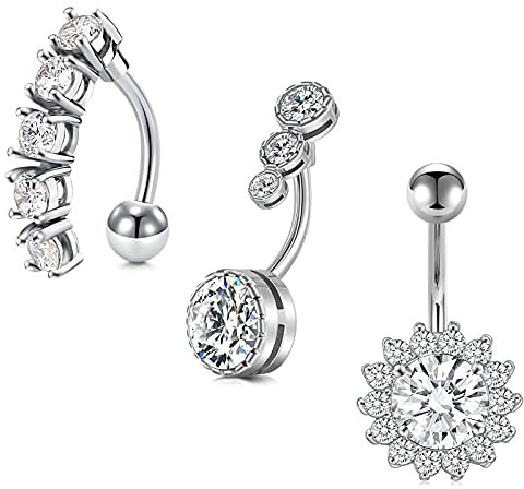 MODRSA 14G Dreifach CZ Inlaid Bauchnabelpiercing Chirurgenstahl Damen Umkehren Klar CZ Nabel Piercing Bauchnabel 10MM Banane Barbell Piercing