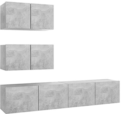 vidaXL TV Schrank Set 4-TLG. Wohnwand Anbauwand Schrankwand Wandschrank Hängeschrank Lowboard Fernsehschrank TV Möbel HiFi-Schrank Betongrau Holzwerkstoff