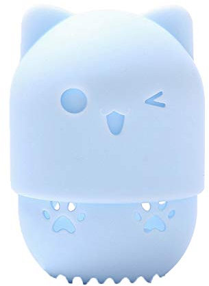 Support d'éponge de maquillage 1PC Fondation en forme de chat Fondation Sponge Protection Case de transport Silicone Beauty Blender Titulaire Capsule Cosmétique Sponge Séchage Rack (Bleu)