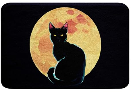 Moon Badezimmerteppiche Badematte Schwarze Katze Plüsch Zottelige Fußmatten Wohnzimmer Tier rutschfeste Badteppiche Jungen 50 x 80 Moderner Abstrakter Malerei Stil Duschteppich Teppich Mädchen