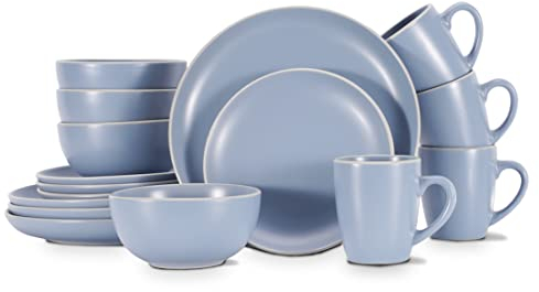 Juego de vajilla de 16 piezas, juego de platos de gres para 4, juego de platos y cuencos de cocina con tazas, juego de vajilla azul