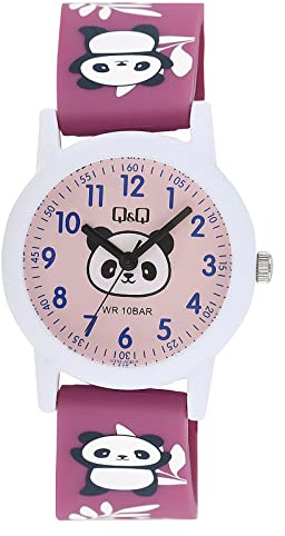 Q&Q Montre d'apprentissage analogique à quartz pour enfant - En silicone - 10 bars - Motif multicolore - Rose et blanc, lanière