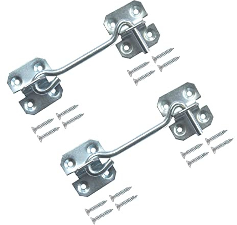 TERF® 100mm Heavy Duty Silver Wire Cabin Door Hook and Eye Lock 100mm (4 inch) Cabinet Latch Catch including Fixing Screw For Door Gate Window Closet Shed Latch - Pack of 2