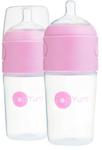 PopYum 9 oz Pink Anti-Colic Formula Making/Mixing/Dispenser Baby Bottles, 2-Pack with #2 Medium Flow Nipples, 260 ml, BPA-Free, Natural Latch