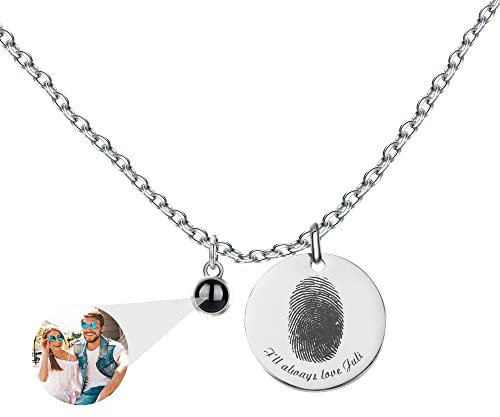 MYMNE Fingerprint Necklace With Picture Inside Projection - Personalised Photo Custom I Love You Necklace - Memorial Jewelry Gift for Her Love One