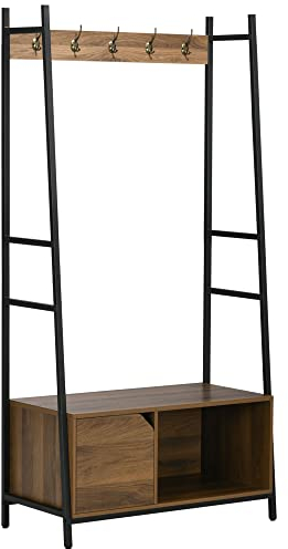 HOMCOM Perchero con Zapatero Perchero con Banco Mueble Recibidor con 5 Ganchos Puerta y Estante Abierto para Pasillo Entrada 84x40x169 cm Marrón Rústico