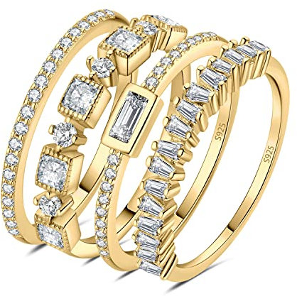 JewelryPalace Vintage Prinzessschliff Zirkonia Band Ring Damen, Hochzeitsringe Silber 925 Trauringe Eheringe für Frauen, Vorsteckring Stapelring Eternity Ring Schmal, Ringe Set Schmuck Vergoldet 59