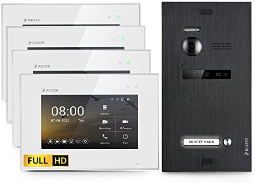 Balter EVO-HD Video Türsprechanlage, Video Türklingel, 1 Familienhaus Klingel, 4X 7 Zoll HD-Monitore, Full HD-Kamera, 2 Draht Bus, Gegensprechanlage mit 175° Weitwinkel-Kamera,Schwarz
