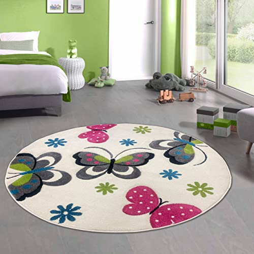 CARPETIA Farbenfroher Schmetterling-Teppich für Kinderzimmer ‒ Allergiker geeignet ‒ Creme, 120 cm rund