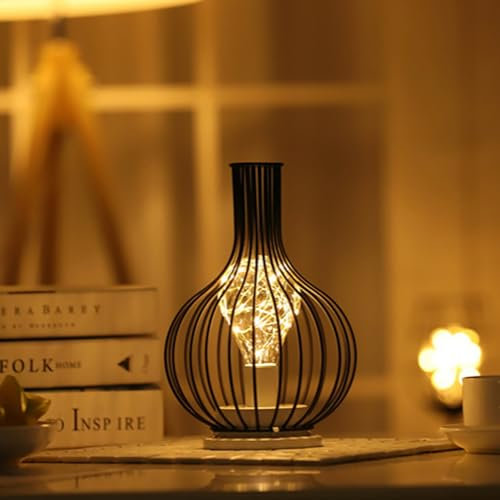 Tuzsocr Luce notturna retrò in ferro,Lampada da tavolo a gabbia in metallo,Lampada da comodino alimentata a batterie,Lampada da tavolo senza fili con LED stile lampadina Edison,per