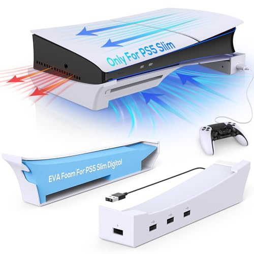 Gorixer Supporto orizzontale per console PS5 Slim/Pro con hub, piedistallo accessorio compatibile con Playstation 5 Slim/Pro Disc&Digital, 1 ricarica rapida e 3 porte di trasferimento dati USB 2.0 –