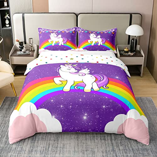 Homewish Housse de Couette 140x200 Licorne en Coton, Ensemble de Literie Arc-en-Ciel pour Filles, Parure de Lit Pailletée Licorne Mauve, Housse Couette Réversible Galaxy Kawaii Enfants